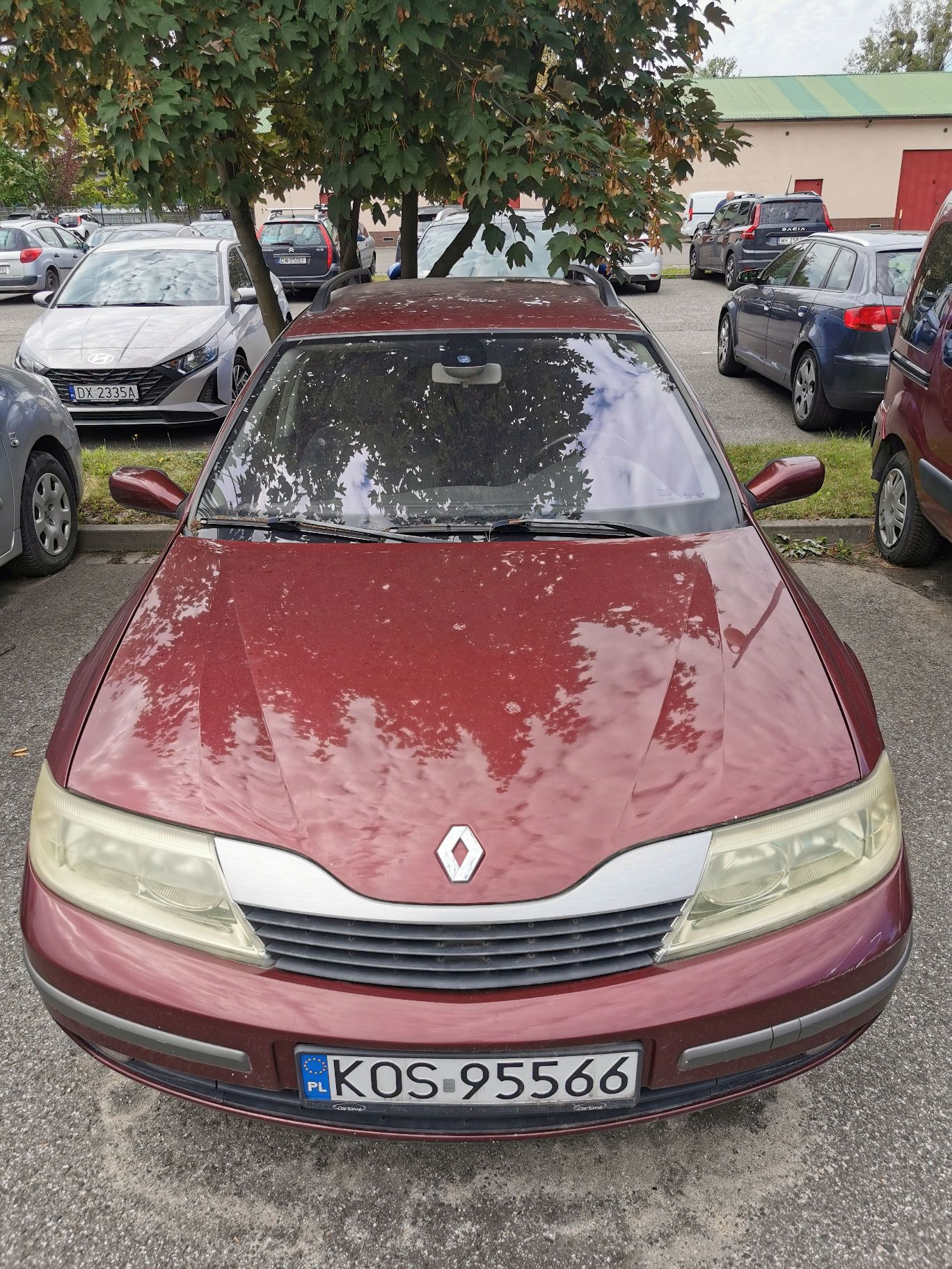 Samochód osobowy marki Renault Laguna kombi rocznik 2004 , kolor bordowy, widok z przodu.