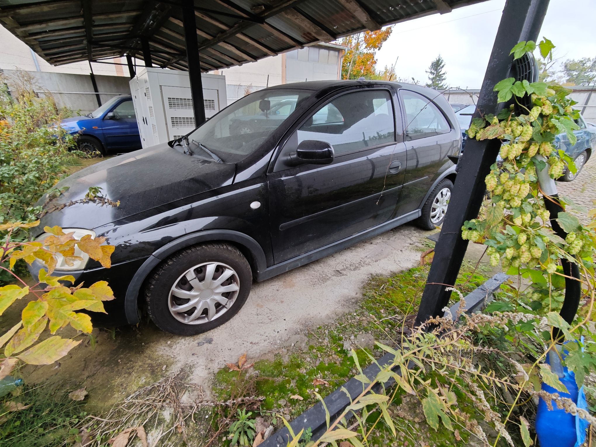 Trzydrzwiowy hatchback Opel Corsa C w kolorze czarnym, lewa strona pojazdu