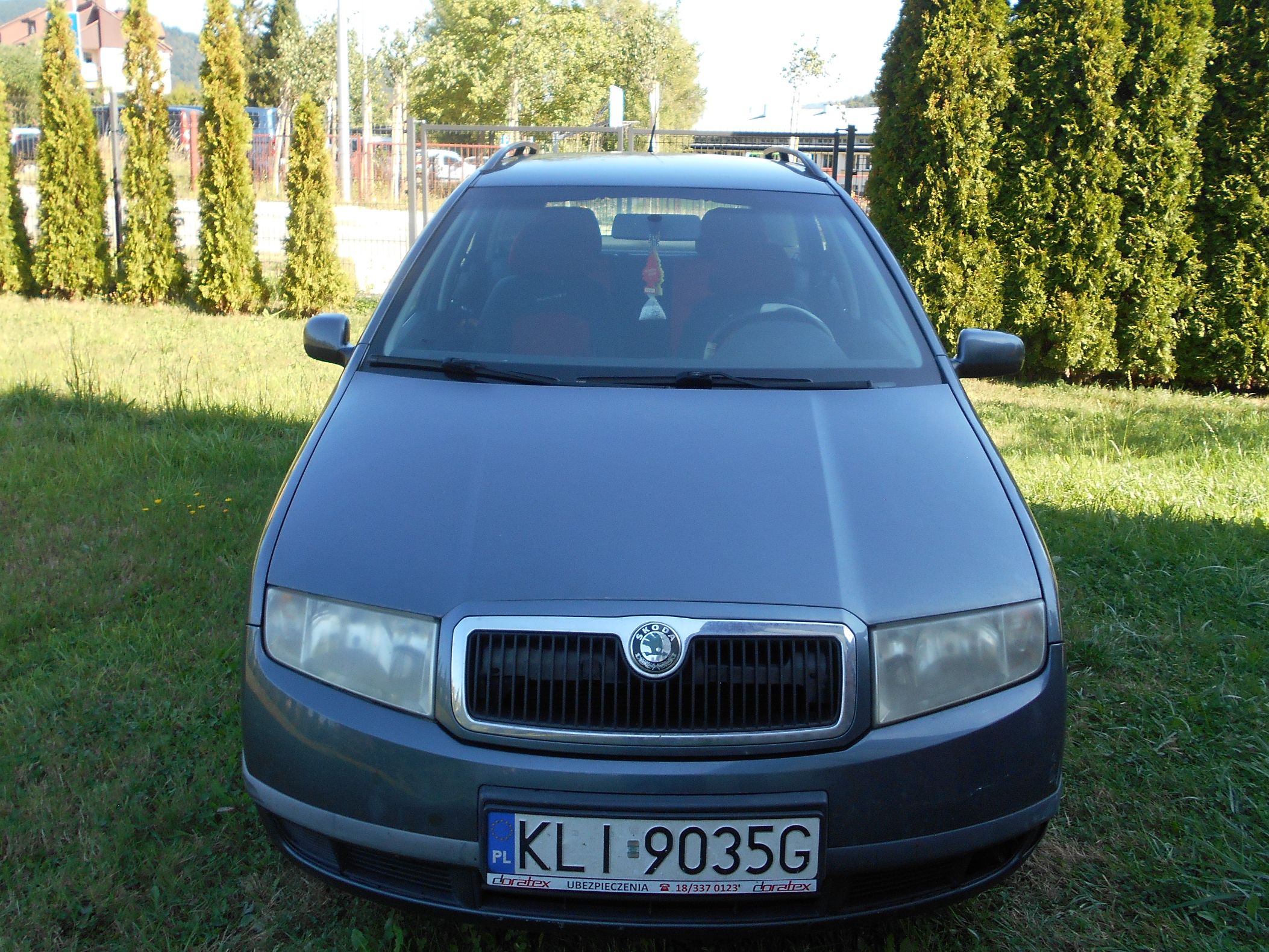 Przedni widok szarego samochodu marki Škoda.