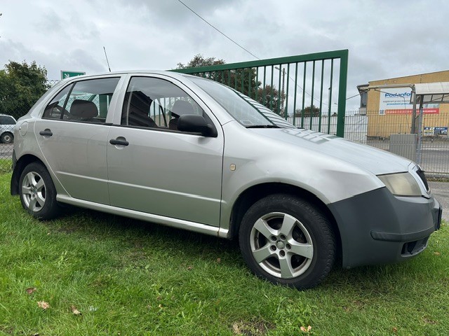 Srebrna Skoda Fabia I , widok z prawego boku. Srebrne alufelgi, czarne klamki i lusterka.