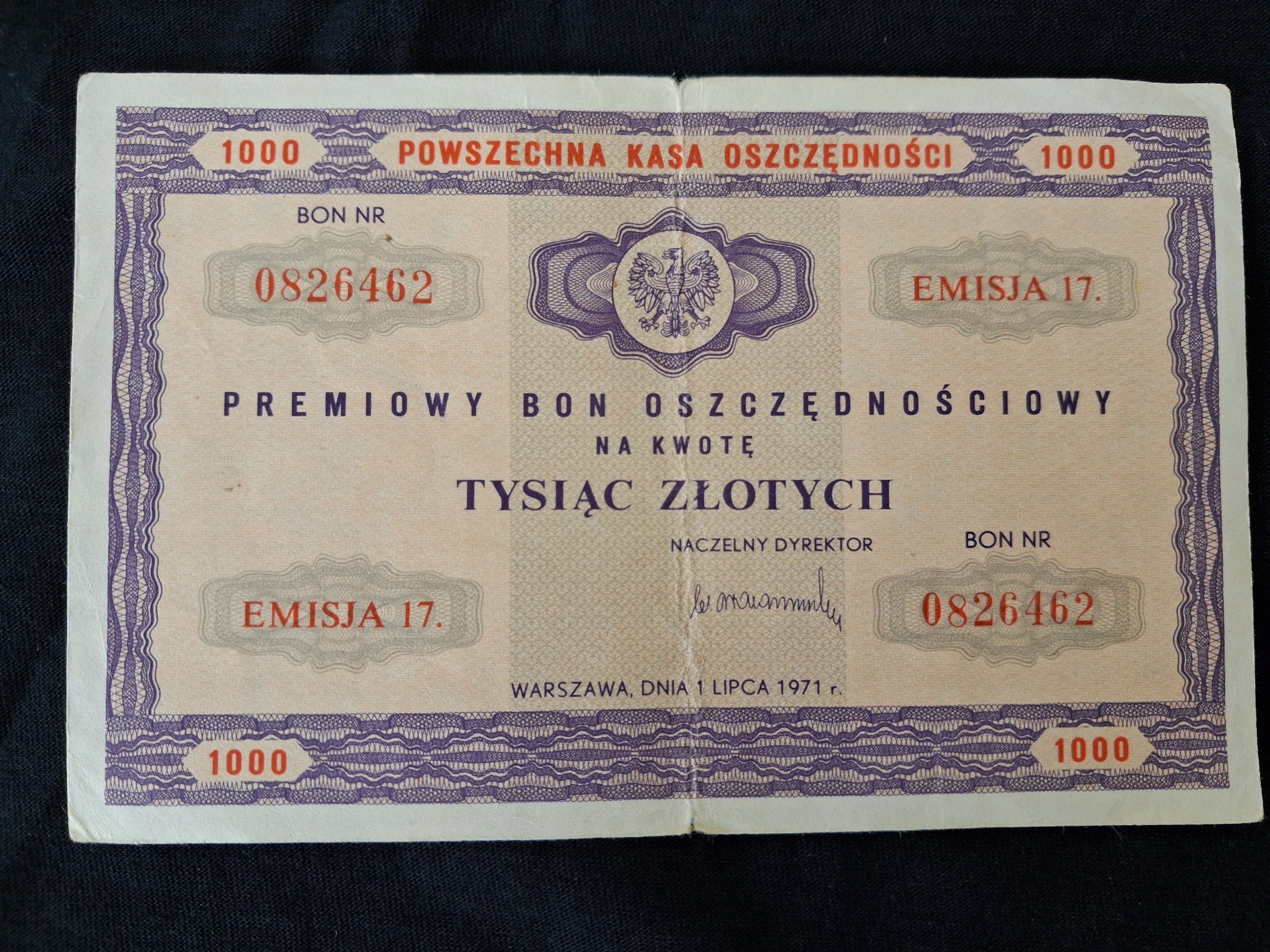 PKO Premiowy Bon Oszczędnościowy 1000 zł z 1971 r awers