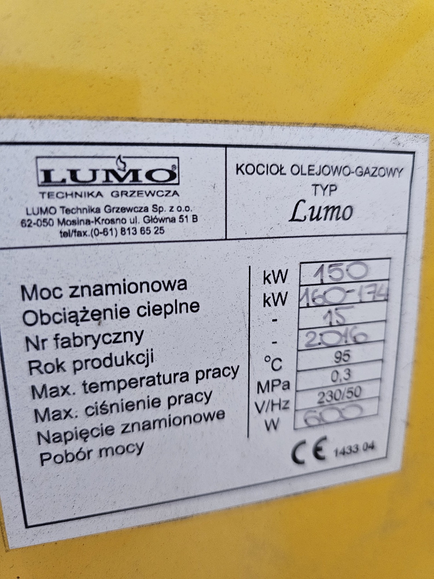 Kocioł olejowo-gazowy Lumo 2016 r.