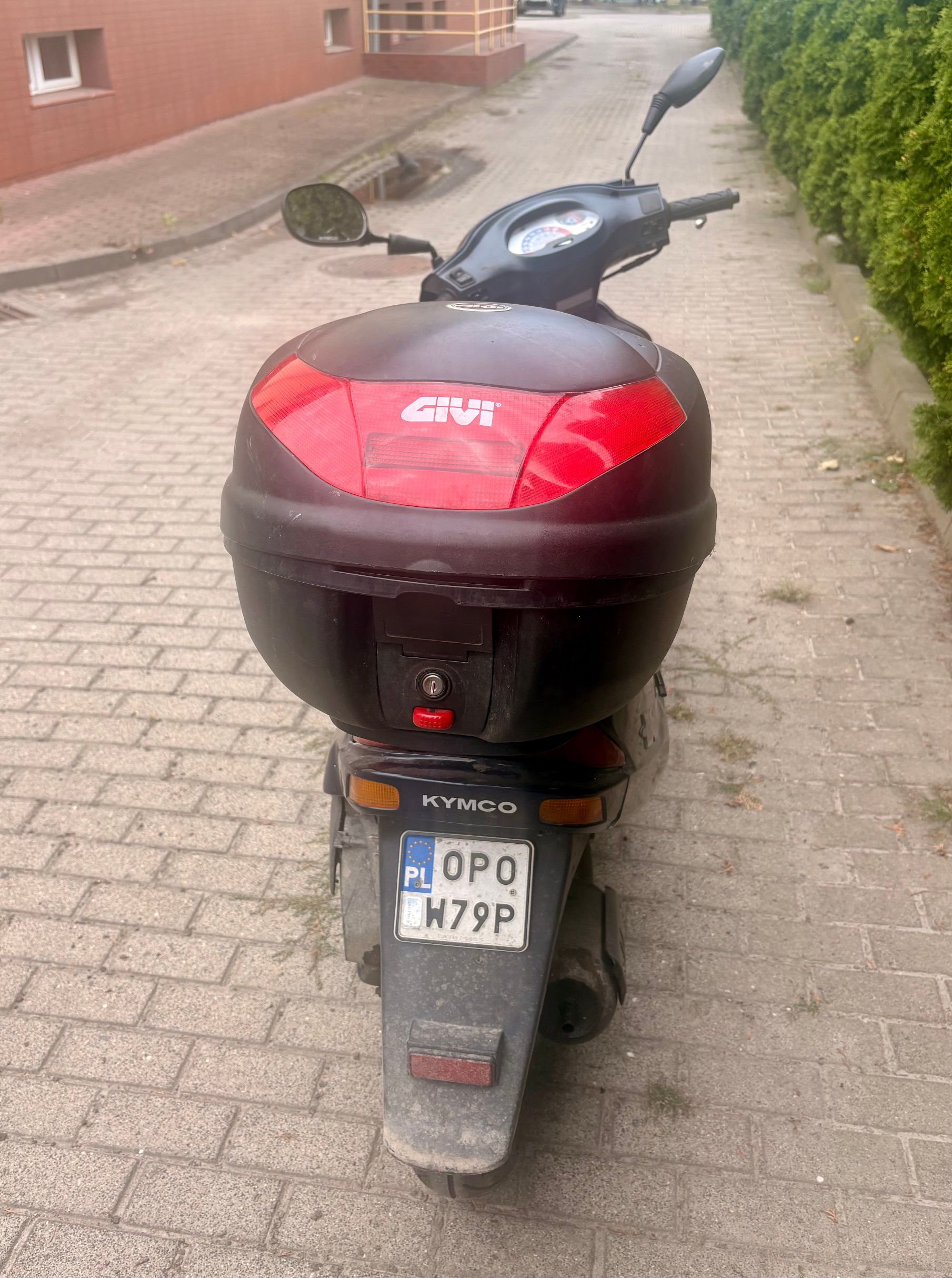 Tył motoroweru z czarnym kufrem na bagażniku i tablicą rejestracyjną.