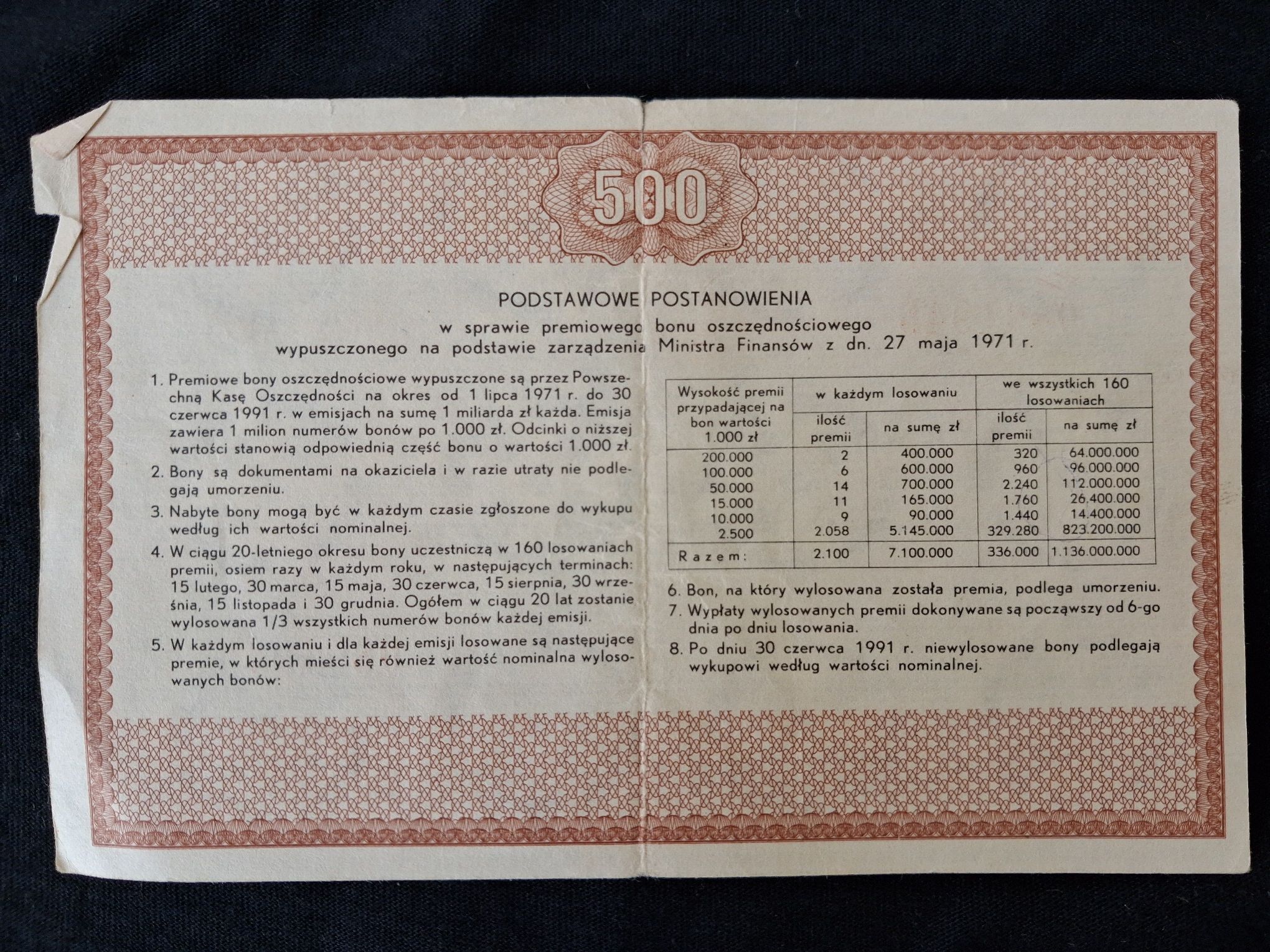 PKO Premiowy Bon Oszczędnościowy 500 zł z 1971 r rewers