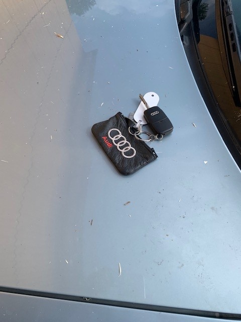Zdjęcie przedstawia kluczyki do samochodu marki Audi leżące na masce pojazdu.