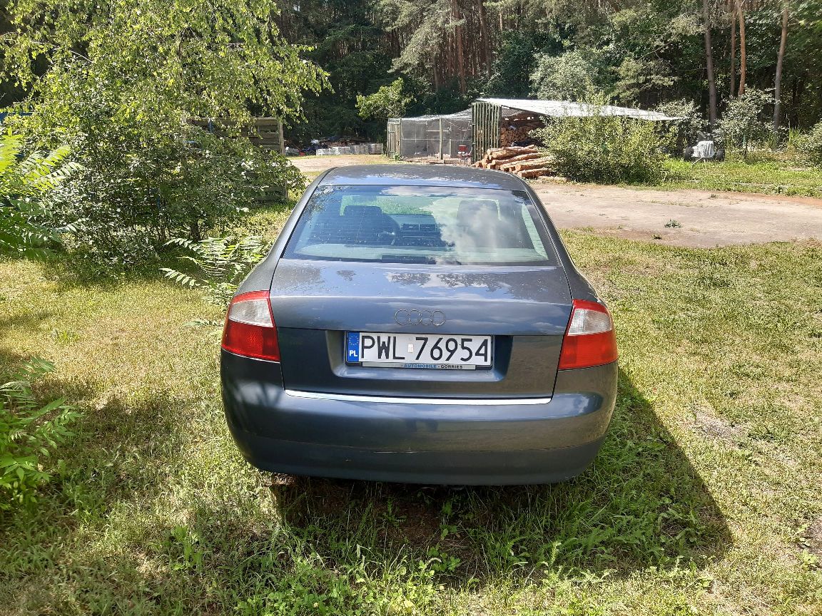 Szary sedan marki Audi A4, widok od tyłu z widocznymi dwoma czerwonymi reflektorami.