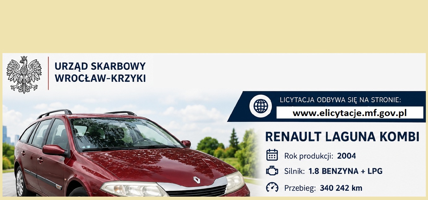 Samochód osobowy marki Renault Laguna kombi rocznik 2004 , kolor bordowy, foto wygenerowane w AI z danymi pojazdu i nazwą urzędu