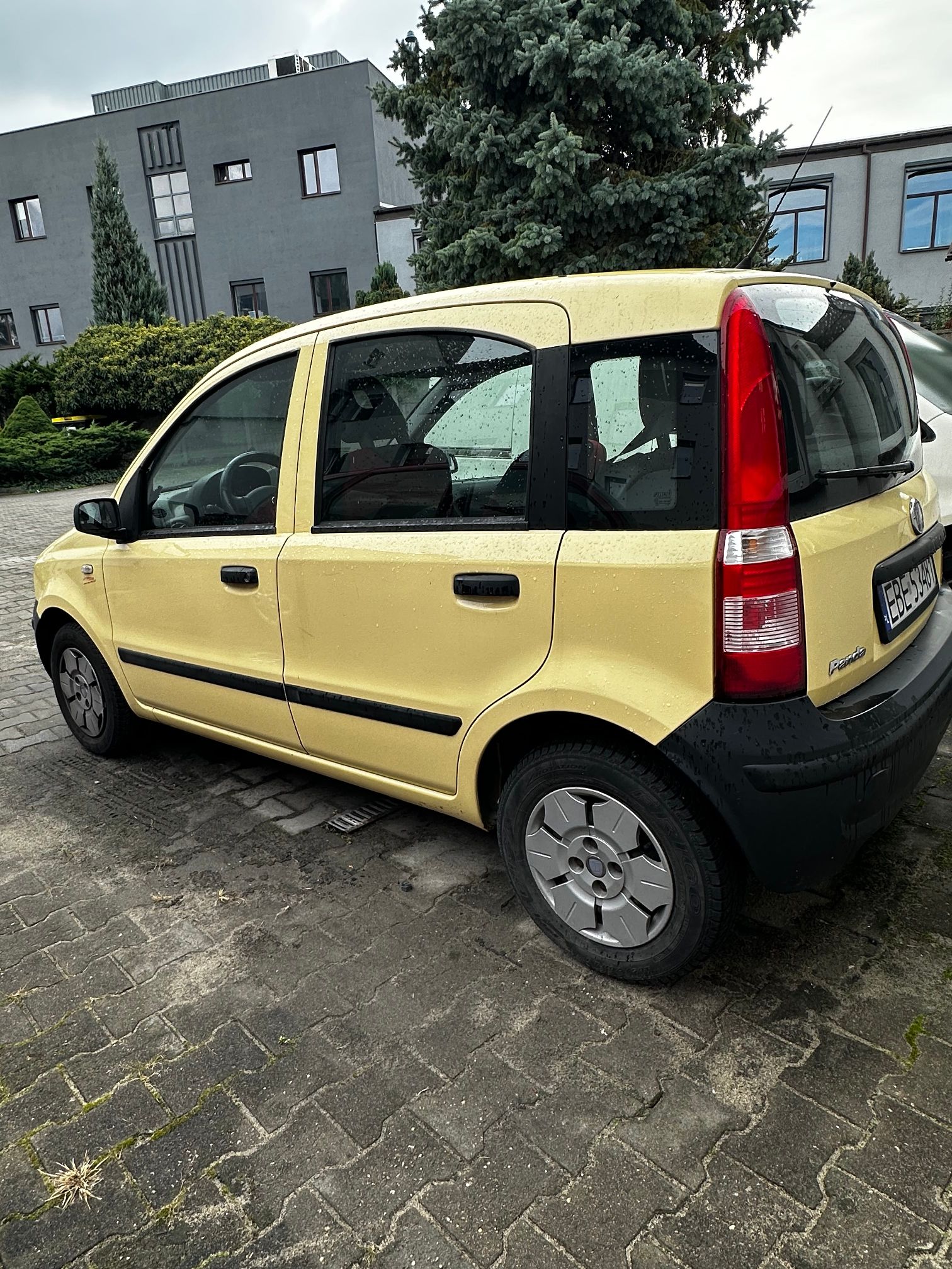 Żółty Fiat Panda II widziany z boku i od tyłu, zaparkowany na kostce brukowej na tle miejskich budynków.