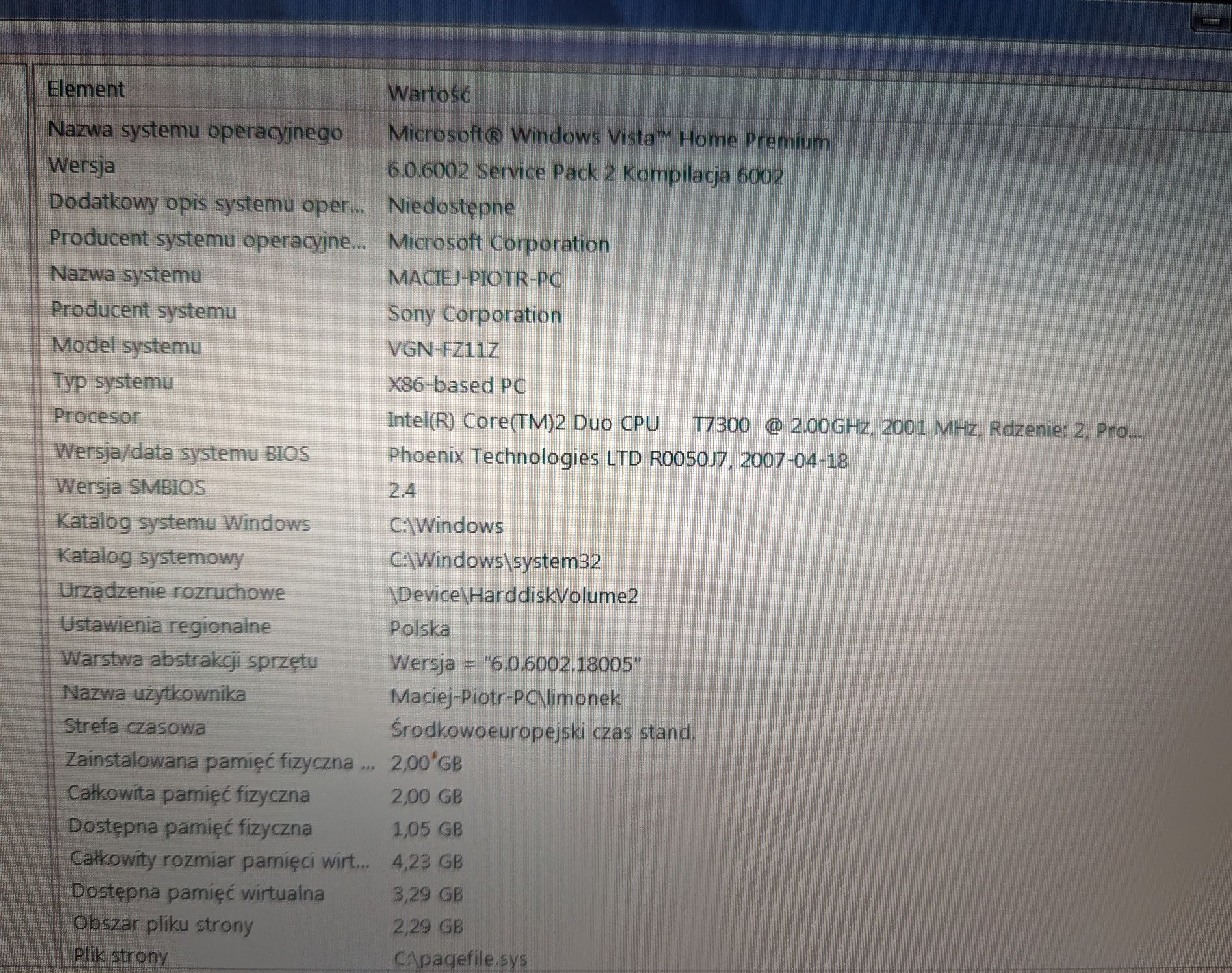 Zdjęcie parametrów laptopa