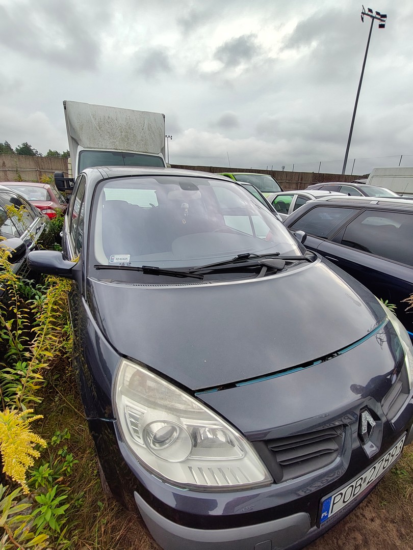 Renault zaparkowany ciasno między innymi samochodami na tle pochmurnego nieba.