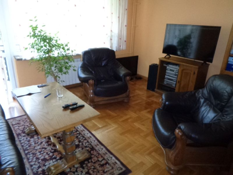 Salon z fotelami, stolikiem kawowym i telewizorem, drewniana podłoga