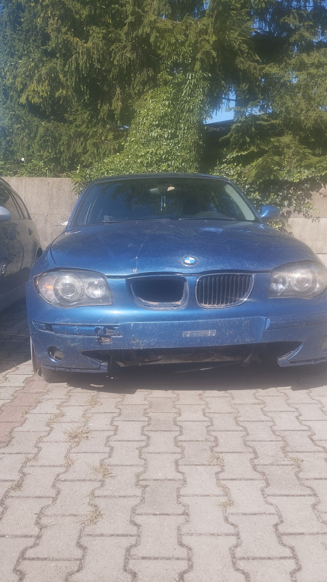 Niebieskie BMW widok z przodu.