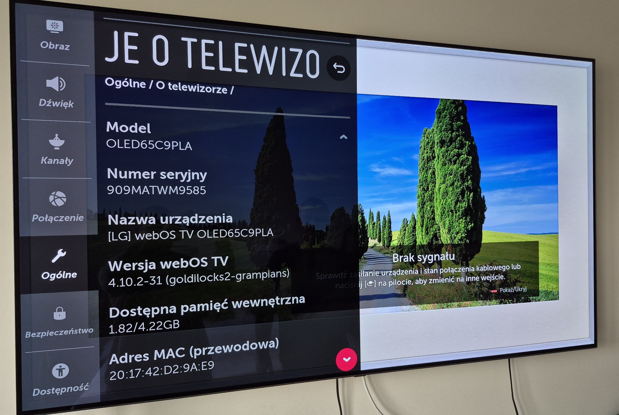 załączony telewizor wiszący na ścianie, na ekranie widać ustawienia telewizora