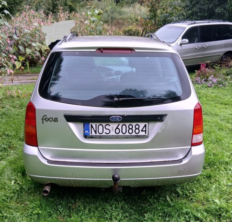 srebrny Ford Focus, tył, hak holowniczy