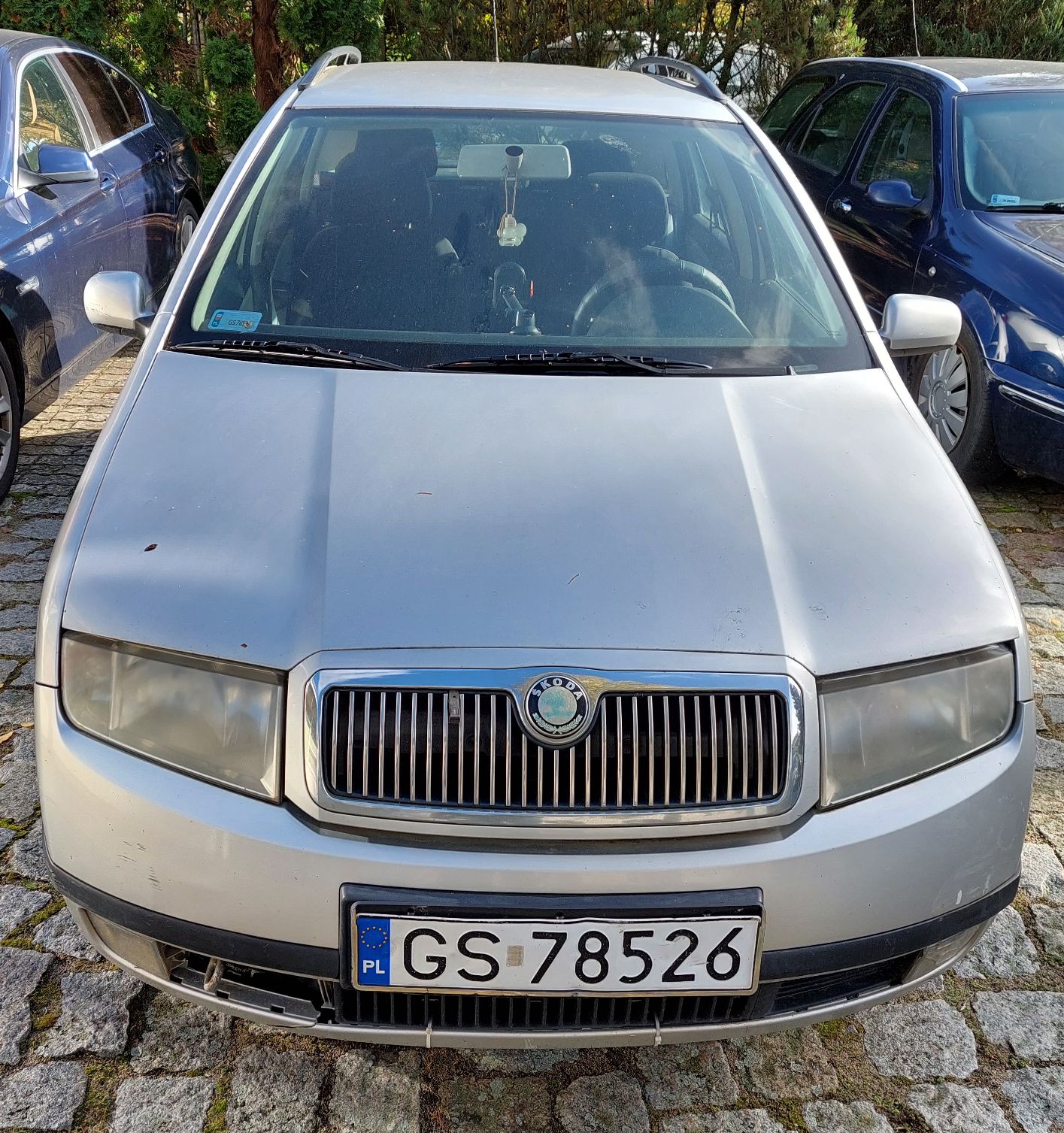 Przód,maska z odpryskami, zderzak porysowany, spliter pęknięty, tablica rejestracyjna, znaczek SKODA, relingi dachowe.