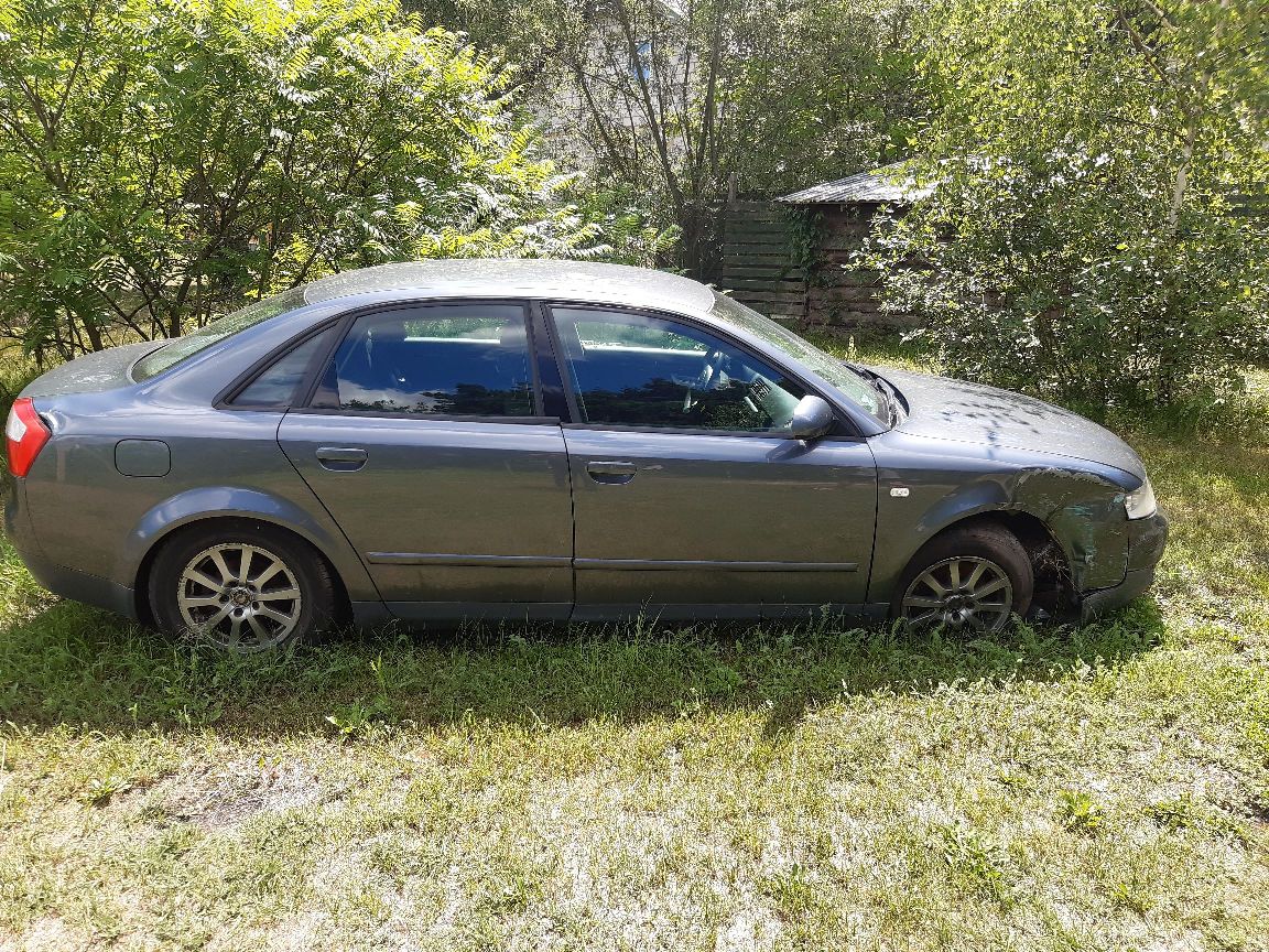 Szary sedan Audi A4. Widoczny jest uszkodzony, wgnieciony przedni błotnik.