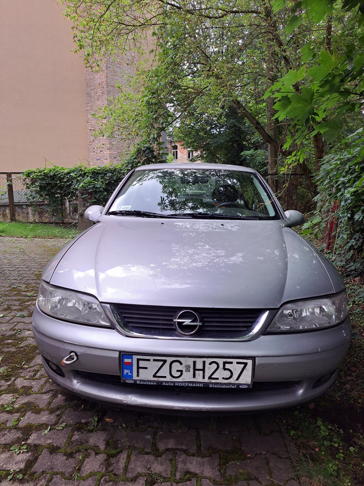 przód srebrnego samochodu osobowego Opel Vectra brak widocznych uszkodzeń przedni zderzak z zaprawkami lakierniczymi 