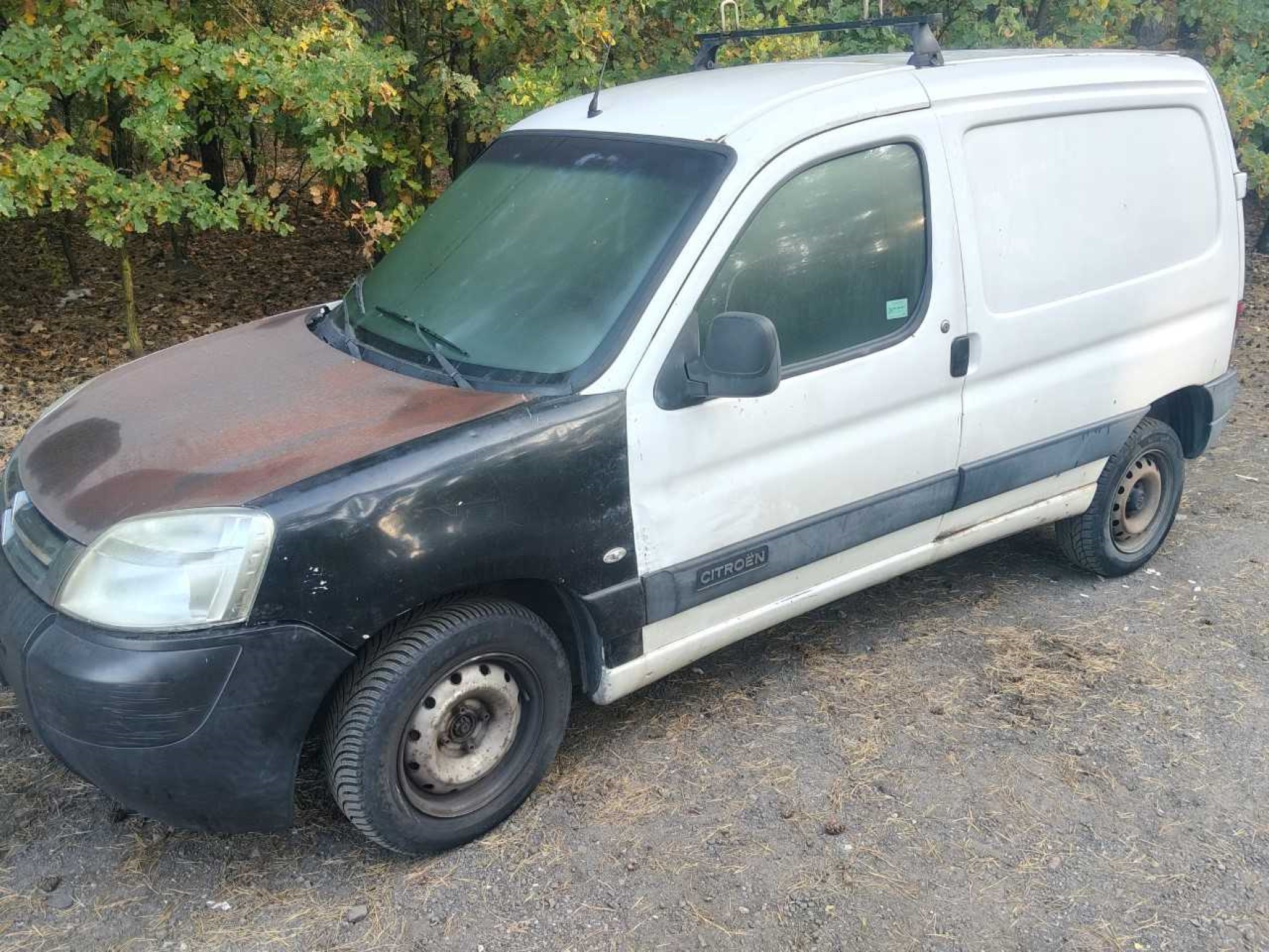 Auto dostawcze koloru białego z maską w kolorze rdzawym.