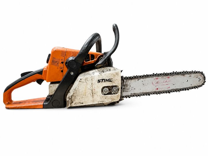 Pilarka STIHL MS 230/C z prawego profilu, widoczna biała pokrywa z logo, pomarańczowa obudowa oraz prowadnica z łańcuchem
