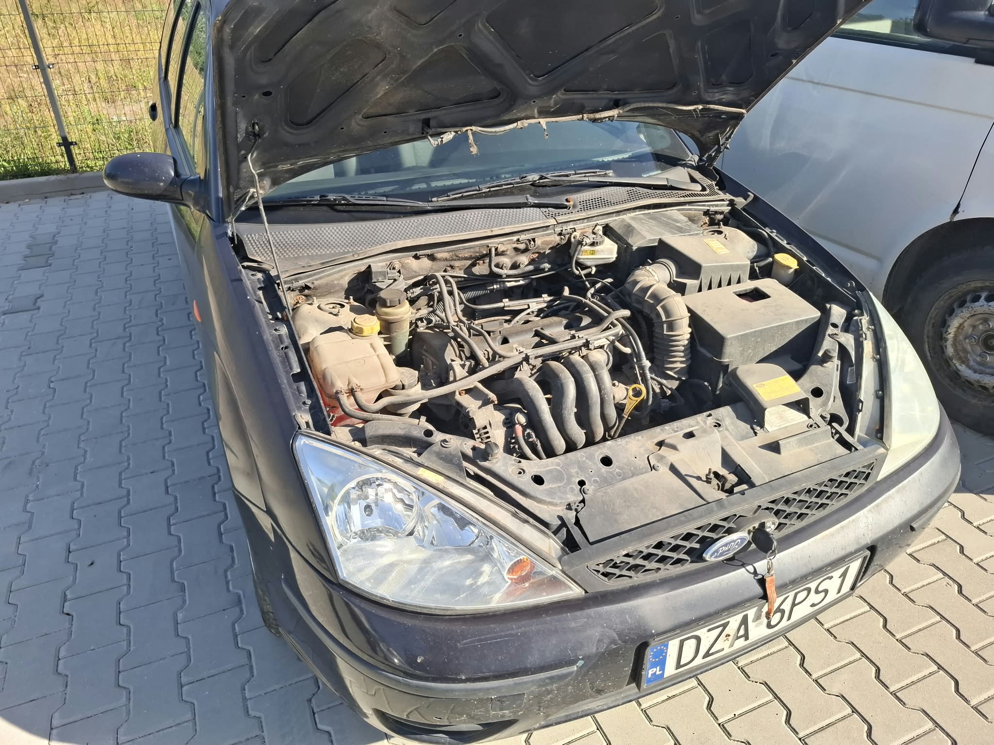 Widok komory silnika granatowego samochodu ford focus.