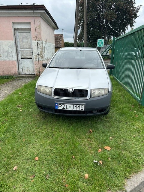 Srebrna Skoda Fabia I od przodu. Przód z czarnym zderzakiem.