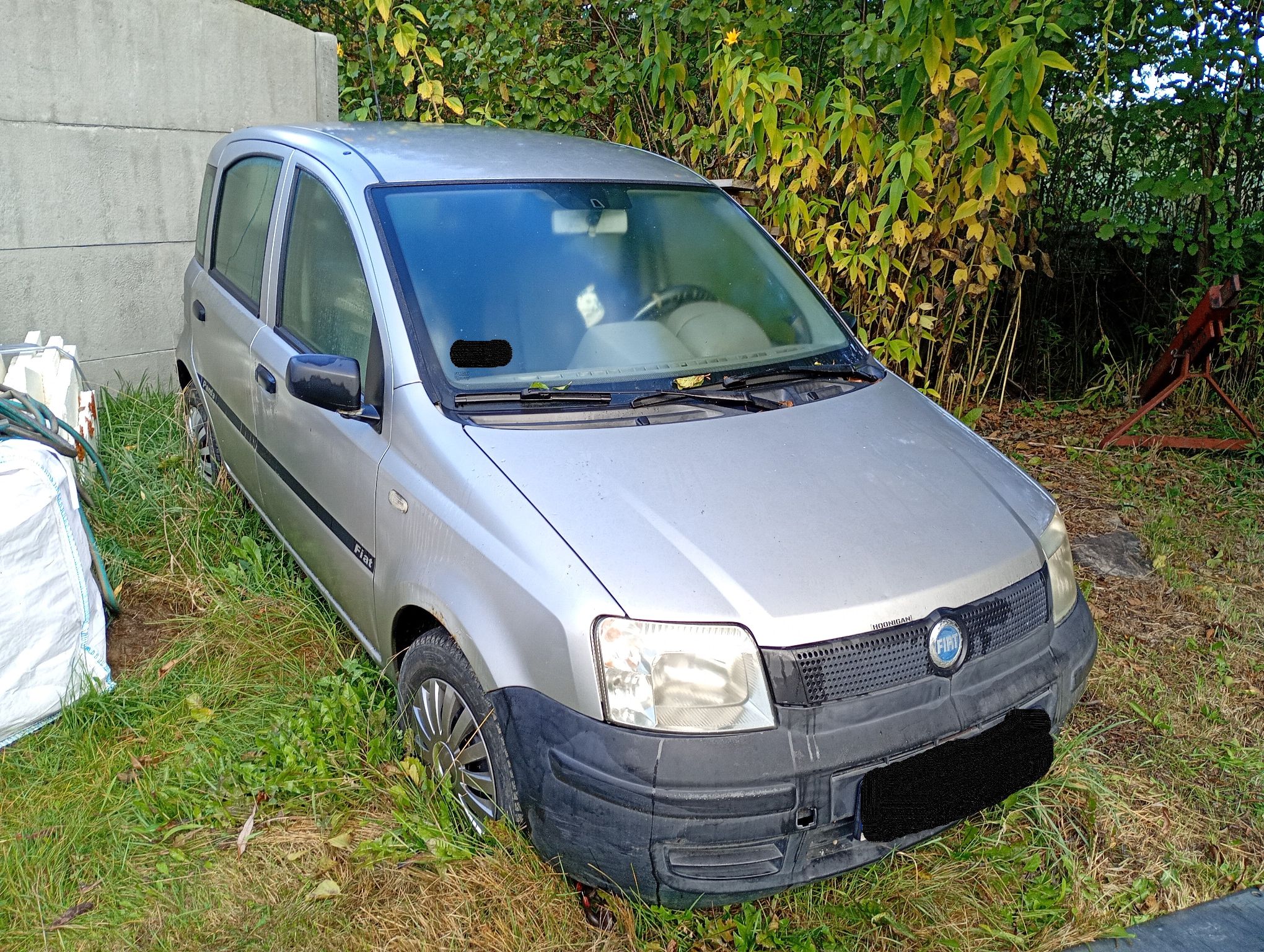 Fiat Panda widziany od strony prawego przodu z widocznym logiem marki na grillu.
