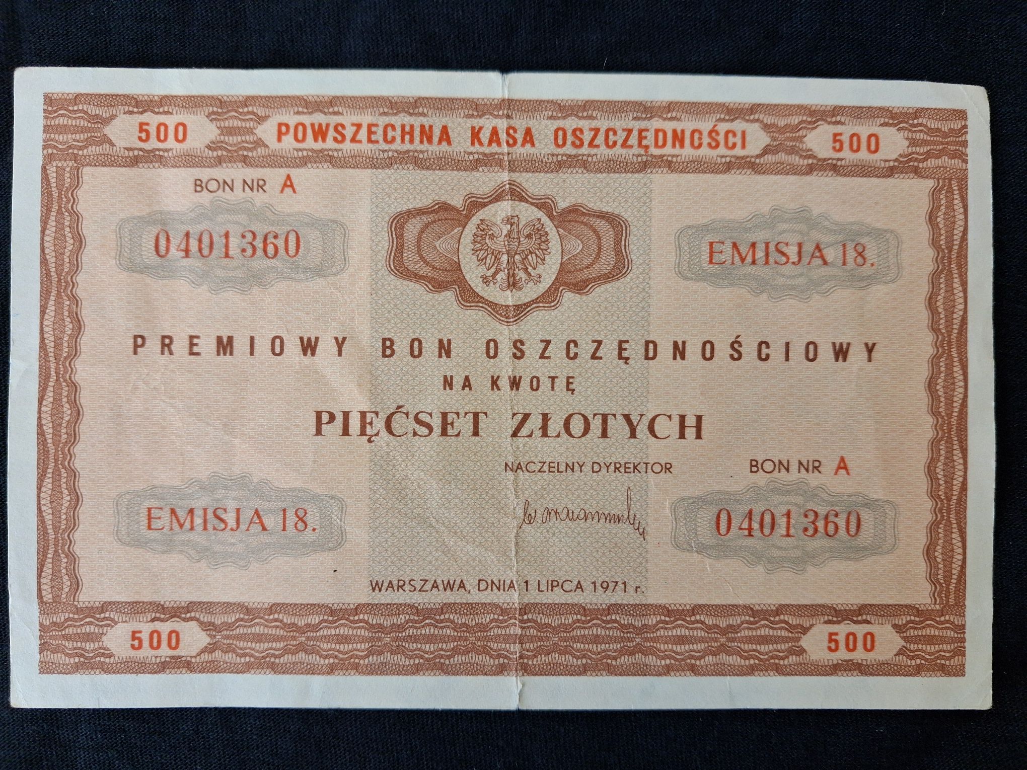 PKO Premiowy Bon Oszczędnościowy 500 zł z 1971 r awers