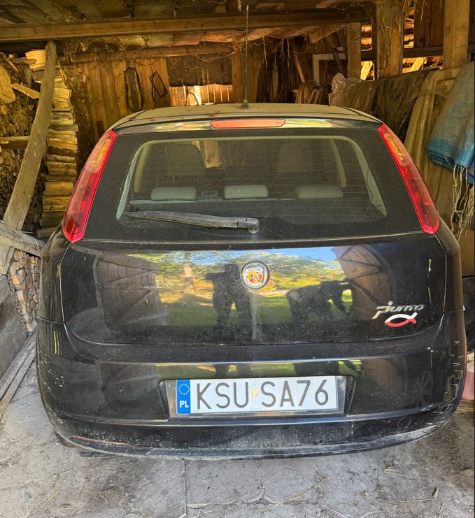 Zdjęcie tylnej części Fiata punto. Widoczna klapa bagażnika, zderzak oraz tablica rejestracyjna.