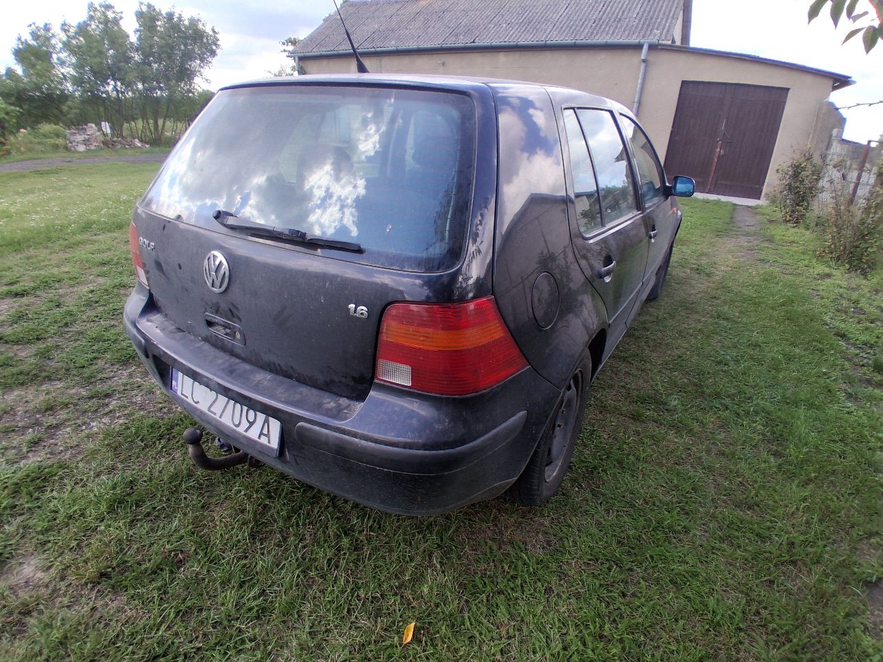 Samochód osobowy marki Volkswagen koloru granatowego, widok z tyłu.