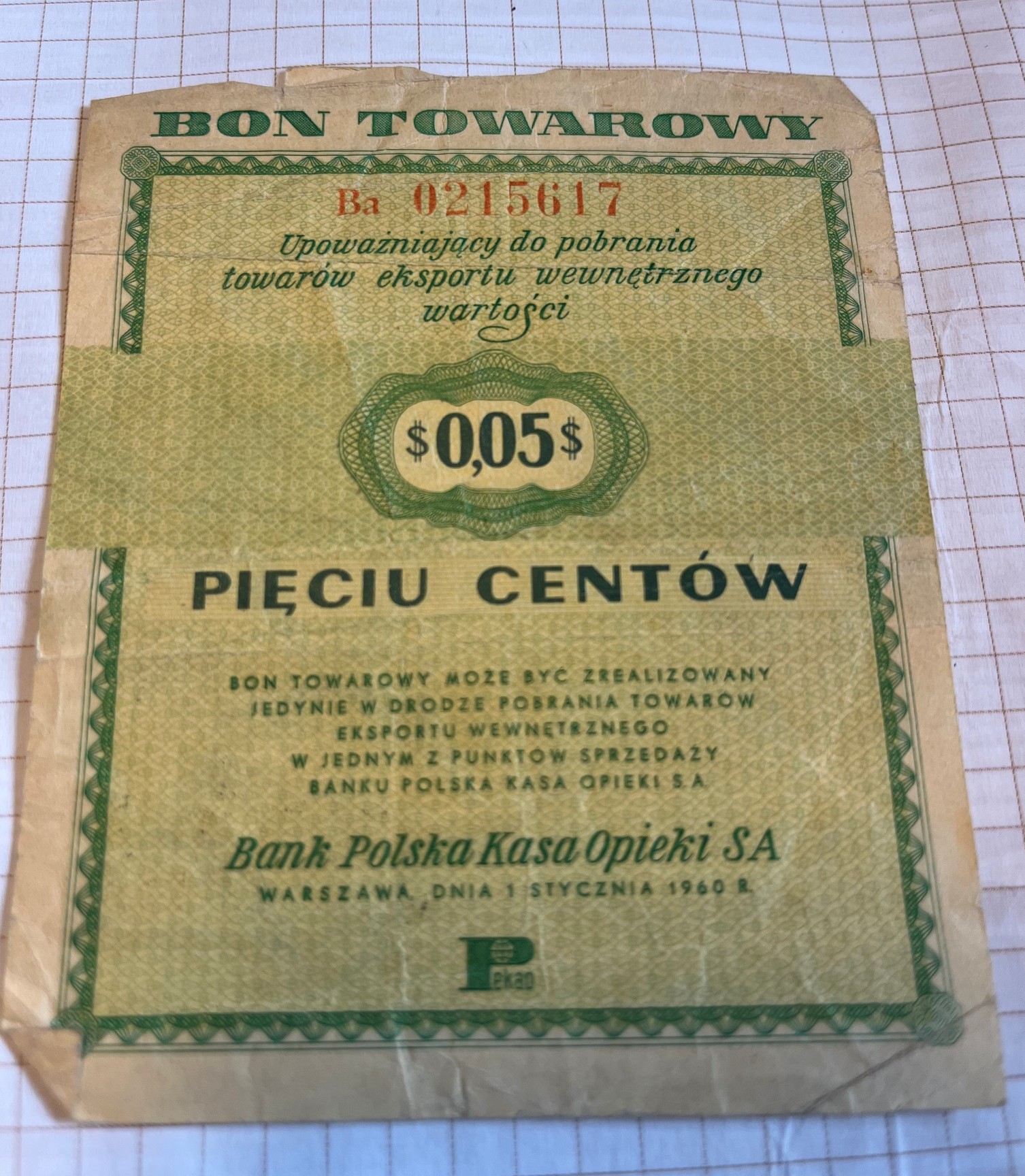 Historyczny bon towarowy Pekao o nominale pięciu centów z 1960 r.