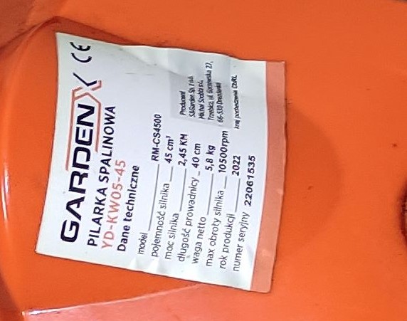 Pilarka spalinowa w kolorze czarno pomarańczowym marki Garden YD-K W05-45