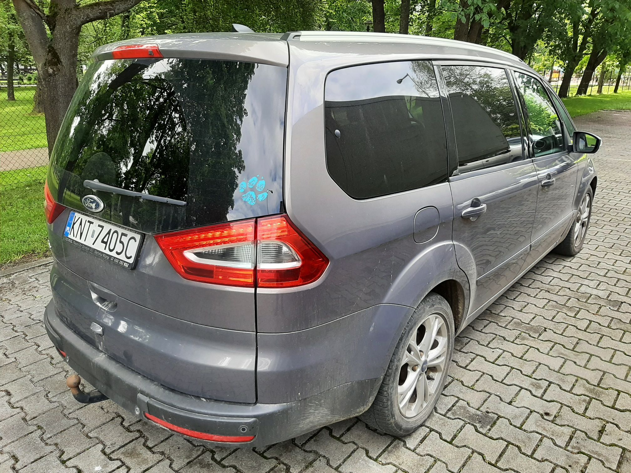 Samochód osobowy marki Ford z przyciemnianymi tylnymi szybami oraz niebieską naklejkę z łapką na tylnych drzwiach.