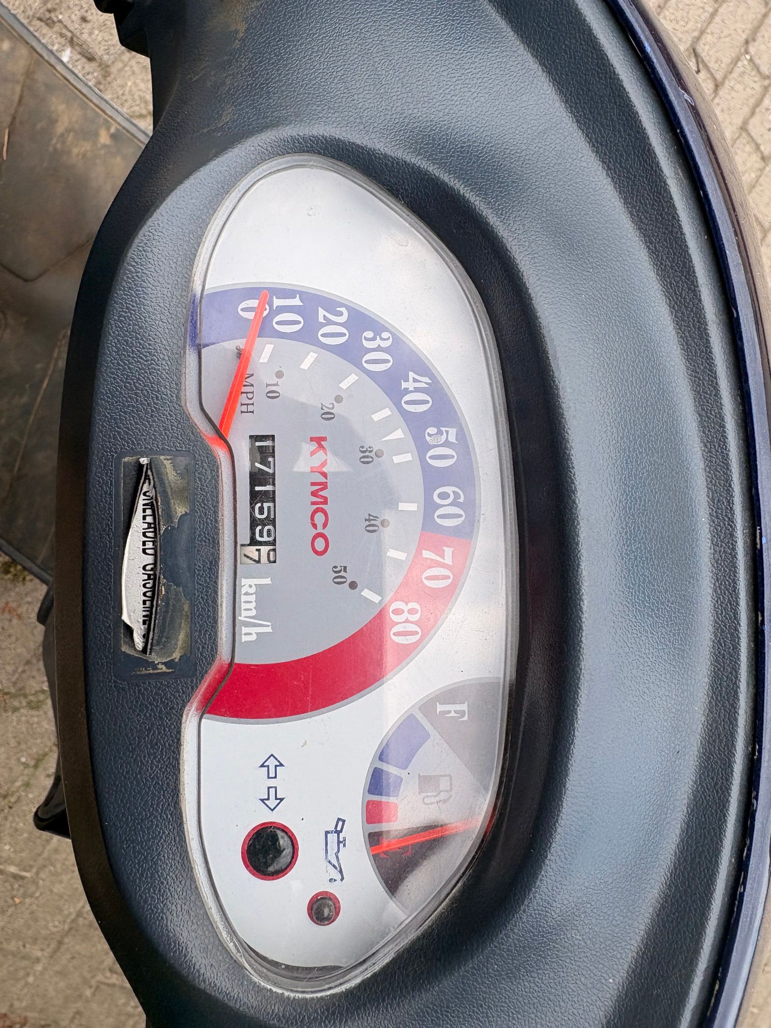 Prędkościomierz i wskaźnik poziomu paliwa motoroweru, z widocznym przebiegiem 17159 km.