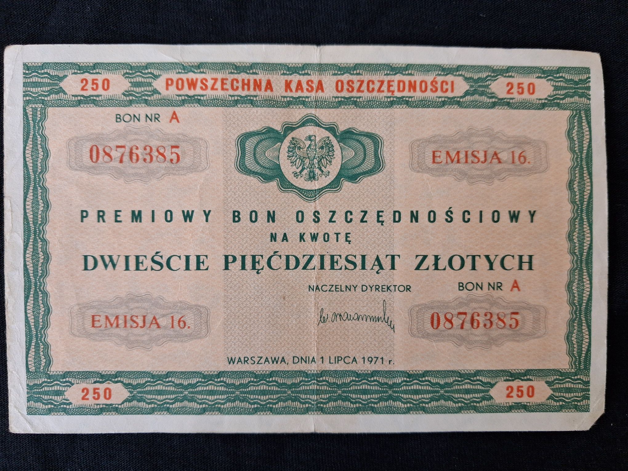PKO Premiowy Bon Oszczędnościowy 250 zł z 1971 r awers