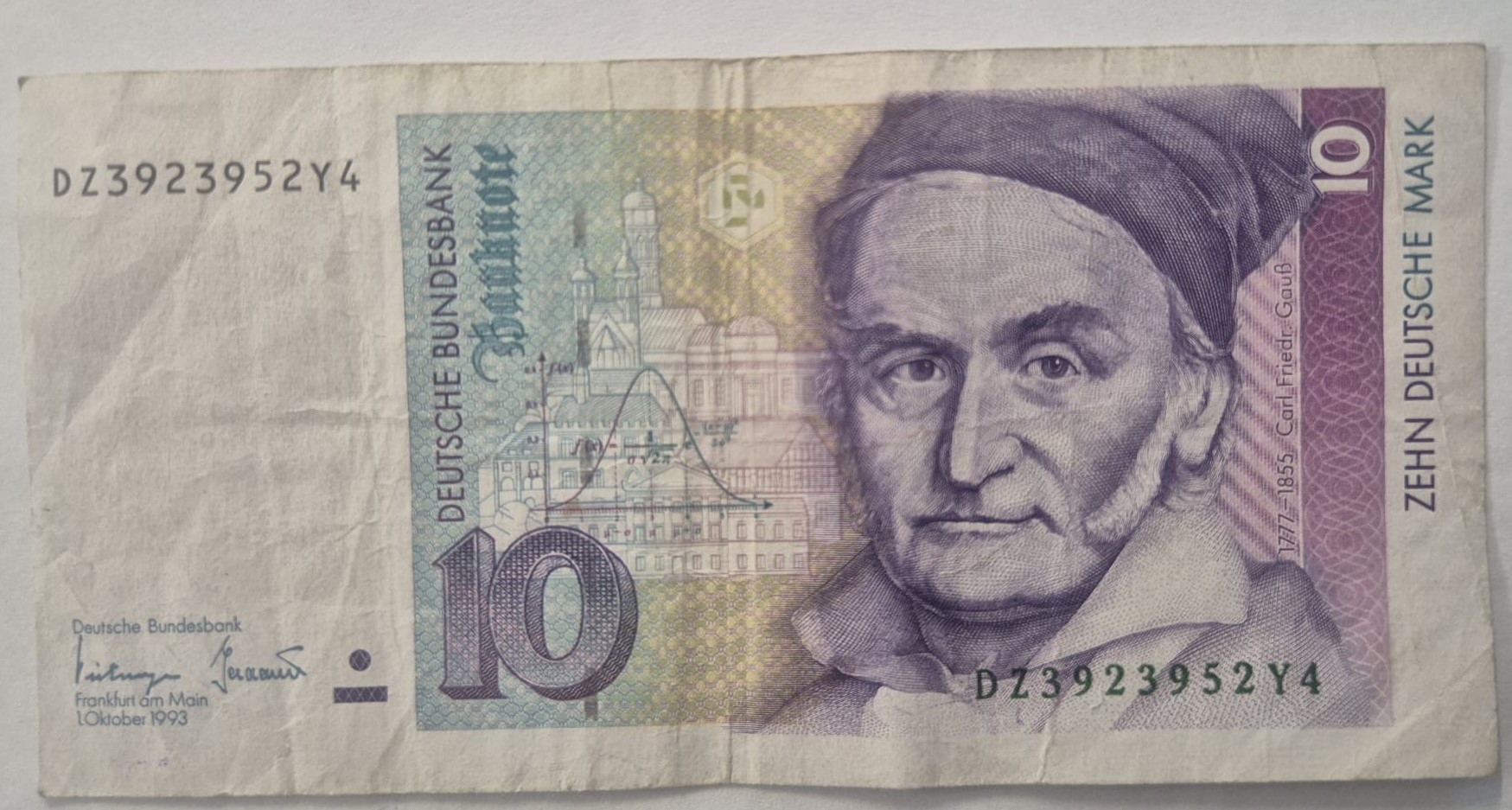 Awers banknotu 10 marek niemieckich z wizerunkiem Carla Friedricha Gaussa