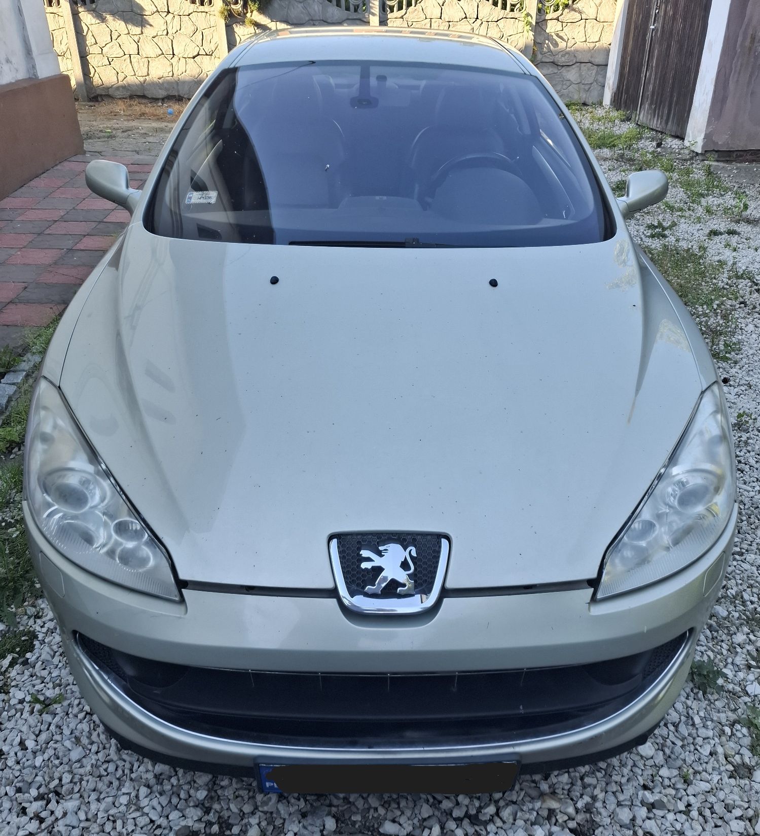 Zdjęcie przedstawia przednią część nadwozia samochodu osobowego marki Peugeot. Widok maski silnika, logo i reflektorów.