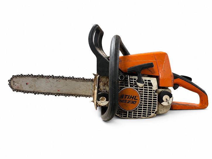 Pilarka spalinowa STIHL MS 230/C z prowadnicą i łańcuchem, widok od strony rozrusznika na pomarańczowo-białą obudowę.