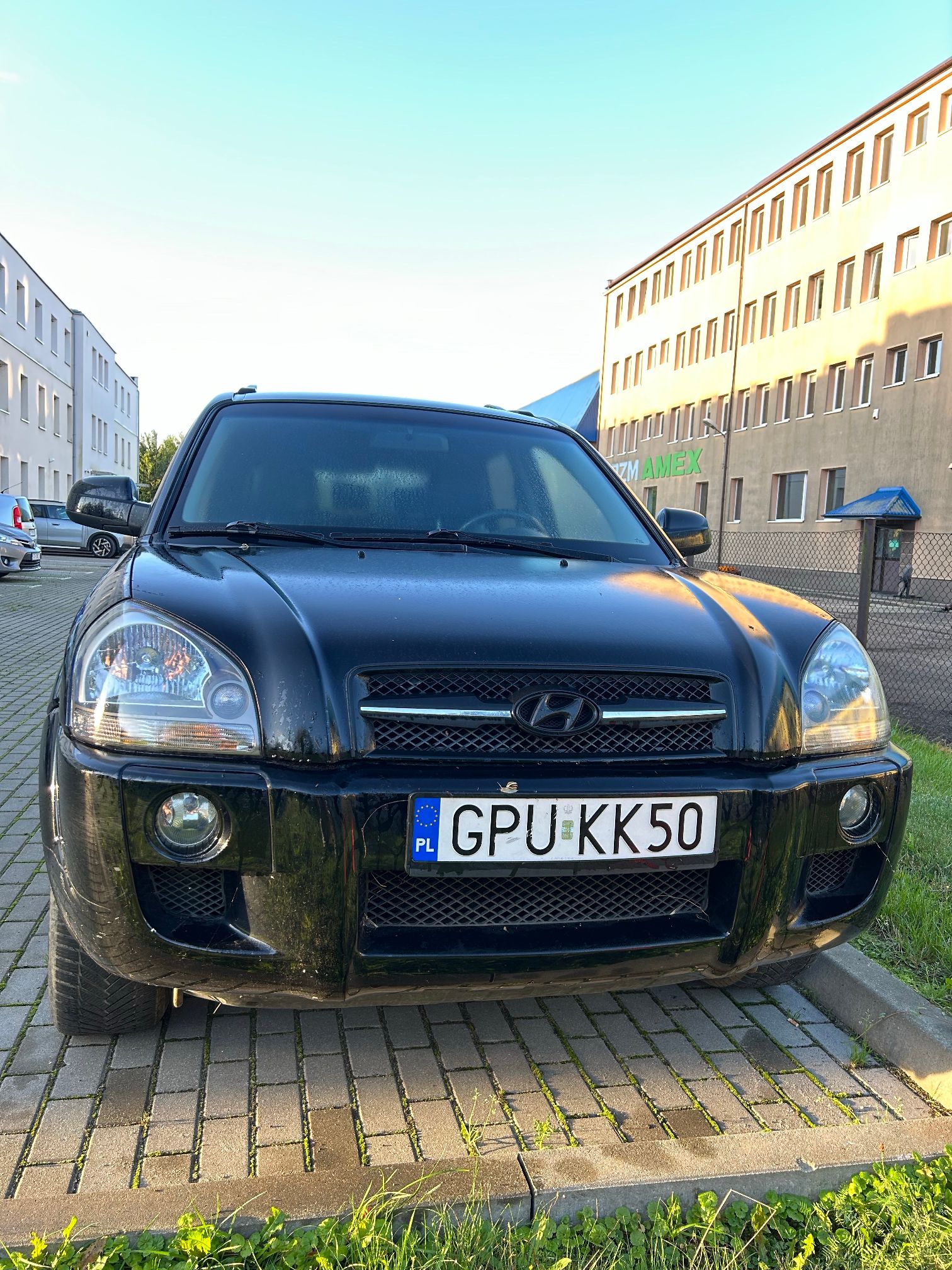 Przód samochodu koloru czarnego.