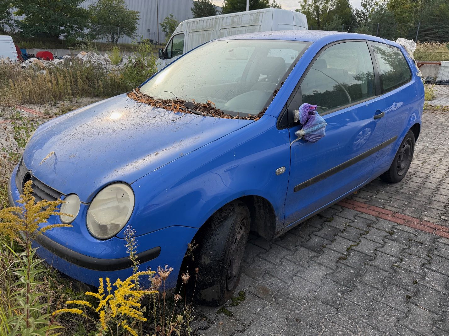 Niebieski Volkswagen Polo, widok z przodu lewego boku, połamane zewnętrzne lewe lusterko.