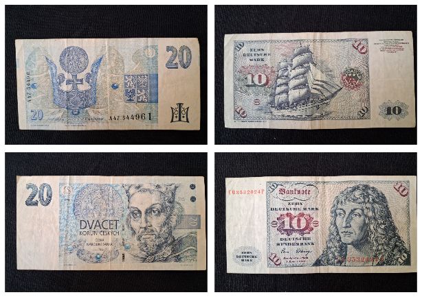 20 koron czeskich i 10 marek niemieckich awers i rewers