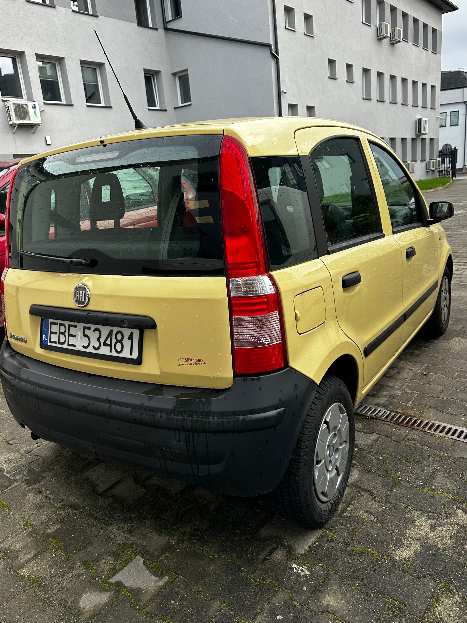 Tył żółtego Fiata Panda II z tablicą EBE 53481, czarnym zderzakiem i pionowymi lampami, stojącego na parkingu.