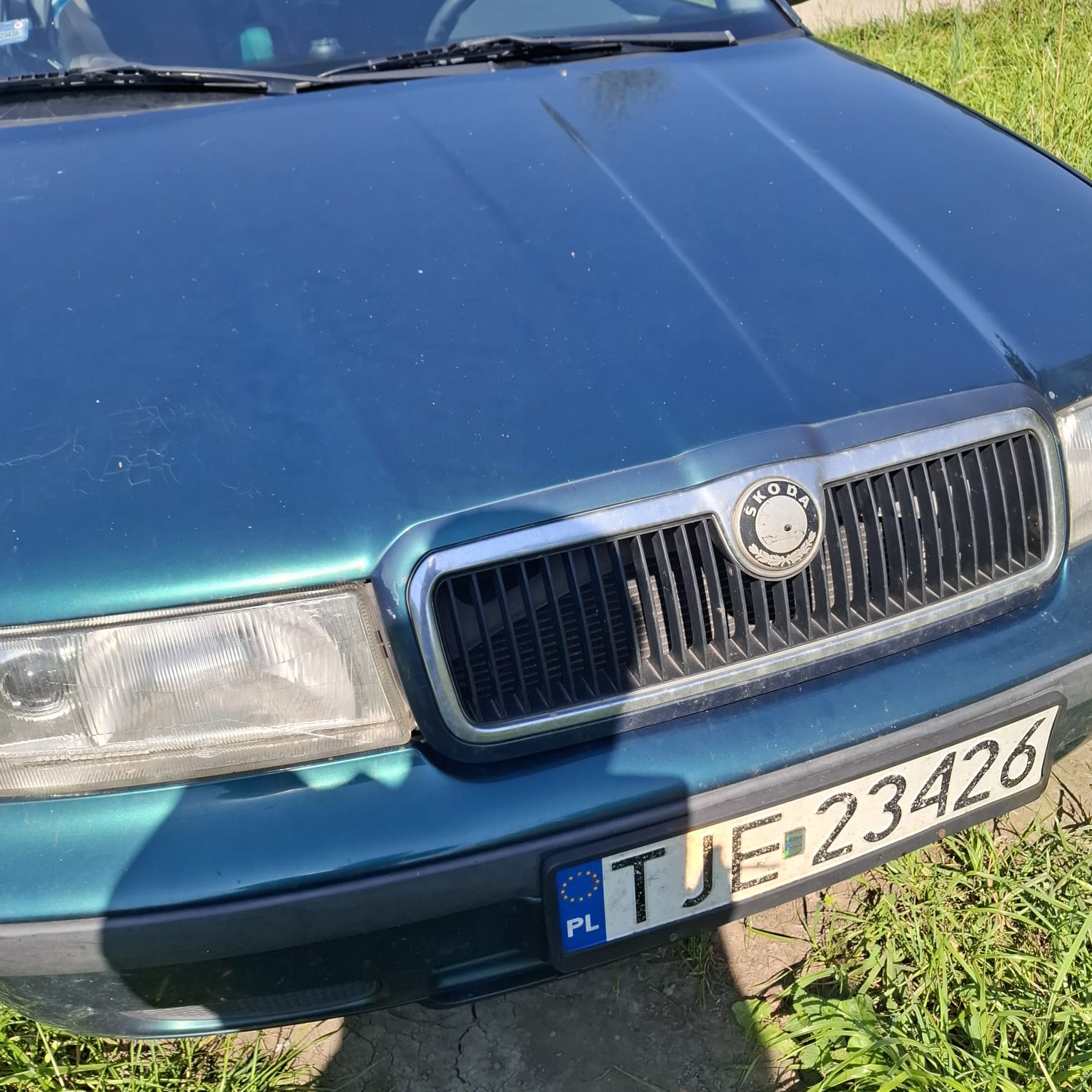 Przednia część zielonego samochodu marki Skoda Octavia z polską tablicą rejestracyjną.