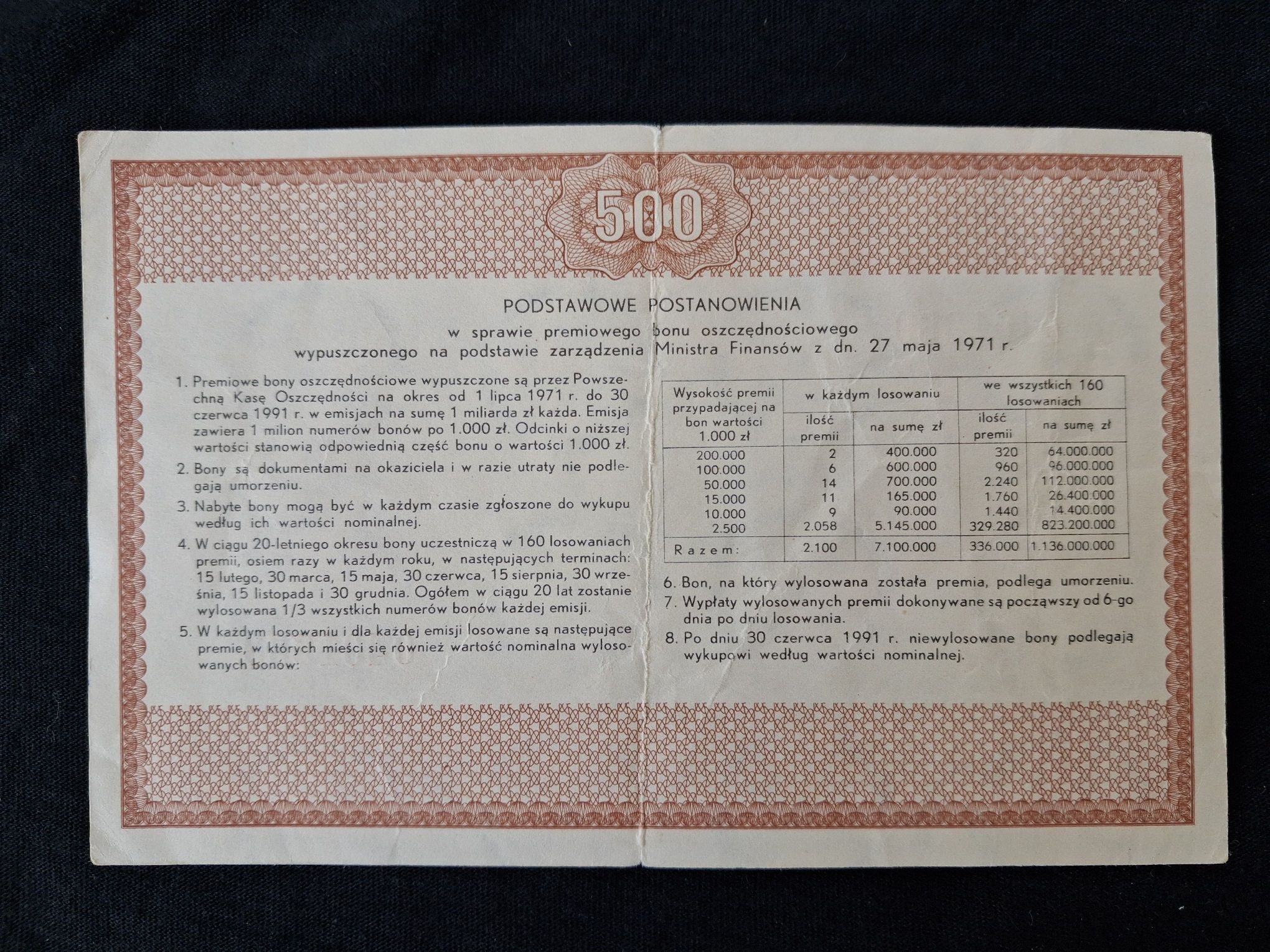 PKO Premiowy Bon Oszczędnościowy 500 zł z 1971 r rewers