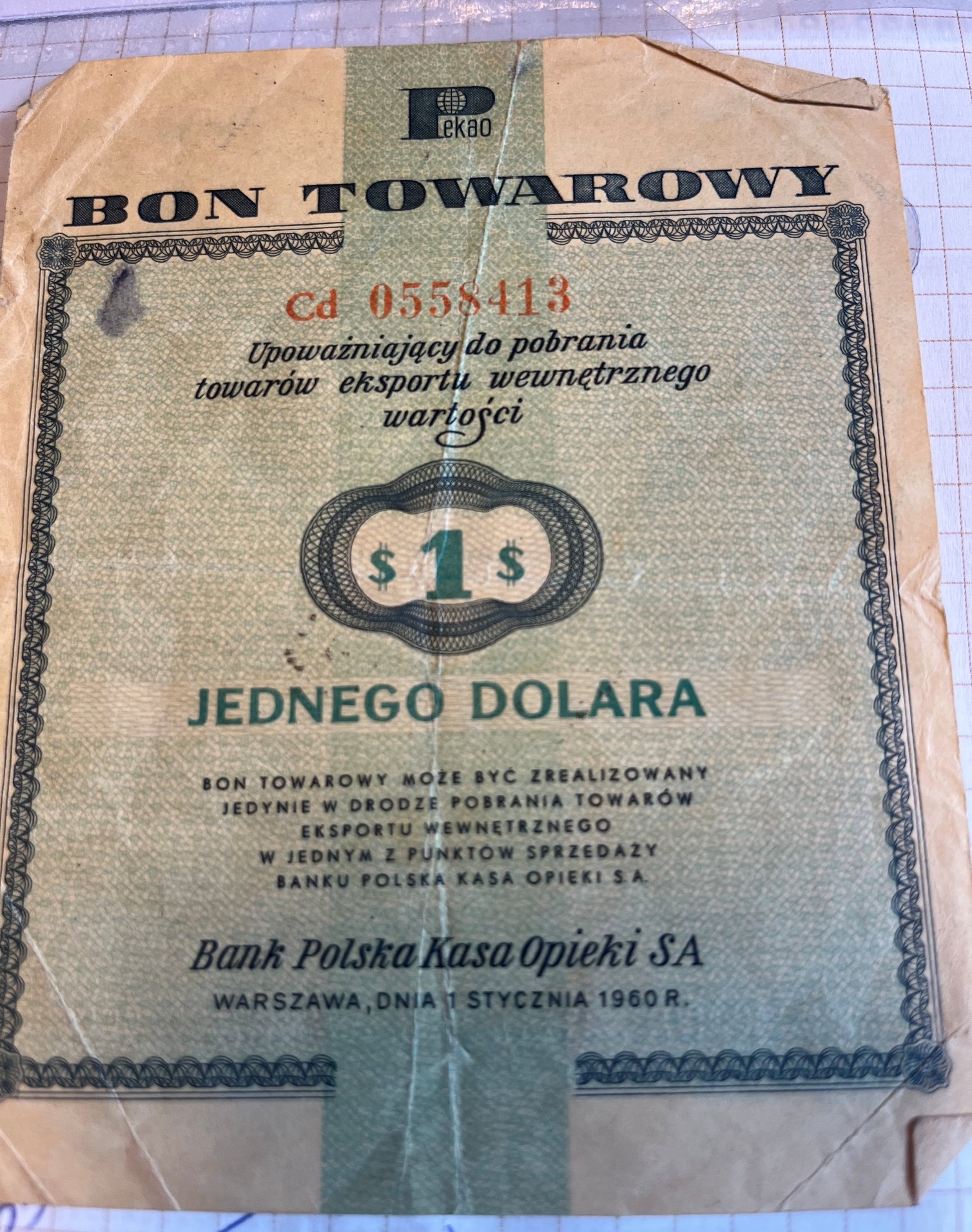 Bon towarowy Banku Pekao z 1960 roku o wartości jednego dolara.