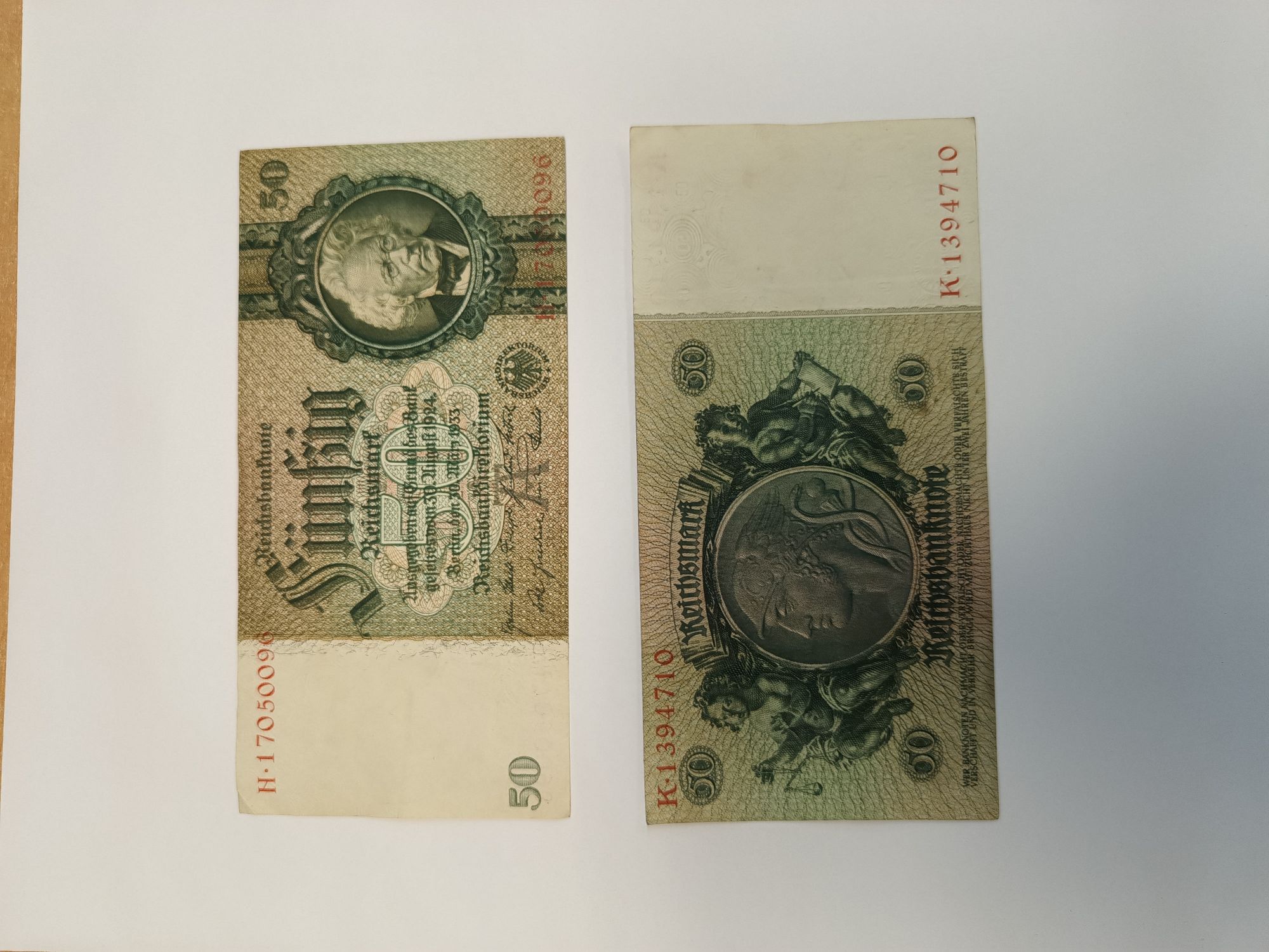 Zdjęcie przedmiotu. awers i rewers banknotu 50 marek niemieckich.